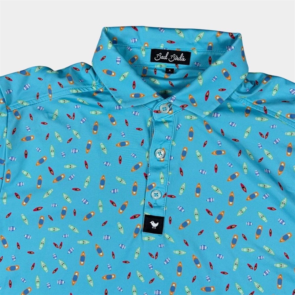 Bad Birdie Dock Solid Polo Shirt Mens Sz S Blue Golf Outdoors Pattern Boats AOP